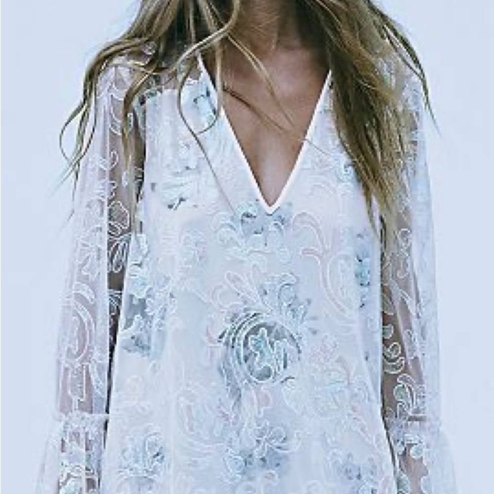 FREE PEOPLE Falling Flowers sheer & sequins dress. Size small. Cream & blue.